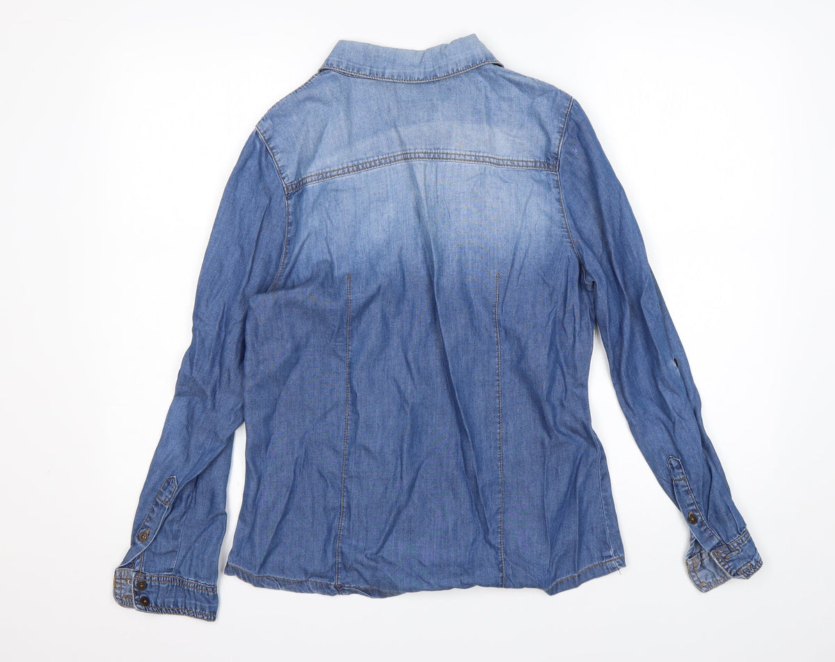Back view of suitbelanco women’s blue basic button-up, size S, collared