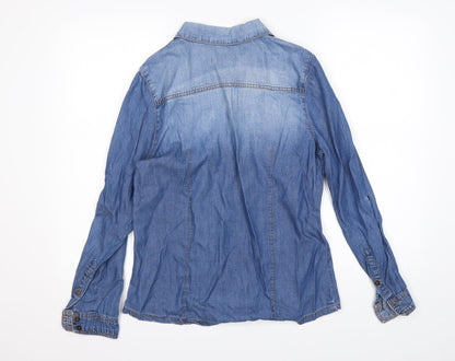 Back view of suitbelanco women’s blue basic button-up, size S, collared