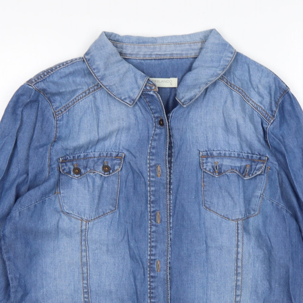 Close-up detail of suitbelanco women’s blue basic button-up, size S, collared