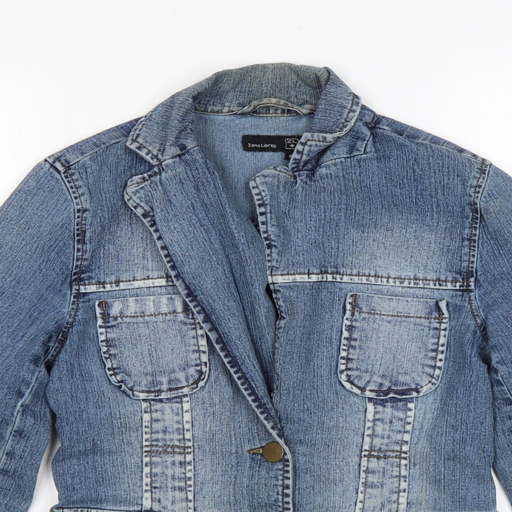 Close-up detail of Zone Libre women’s blue jacket, size S