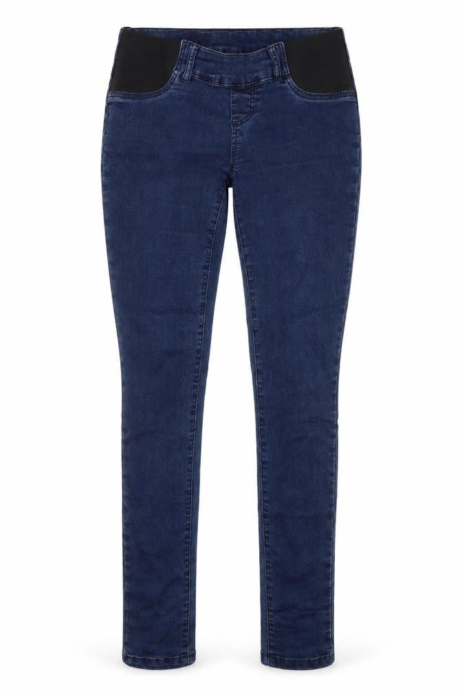 Front view of Mama-licious women’s blue cotton skinny jeans, size UK 29, in, 32-inch leg regular