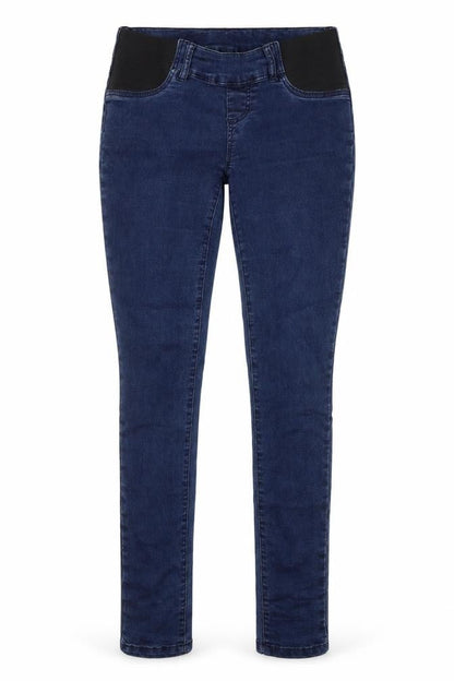 Front view of Mama-licious women’s blue cotton skinny jeans, size UK 29, in, 32-inch leg regular