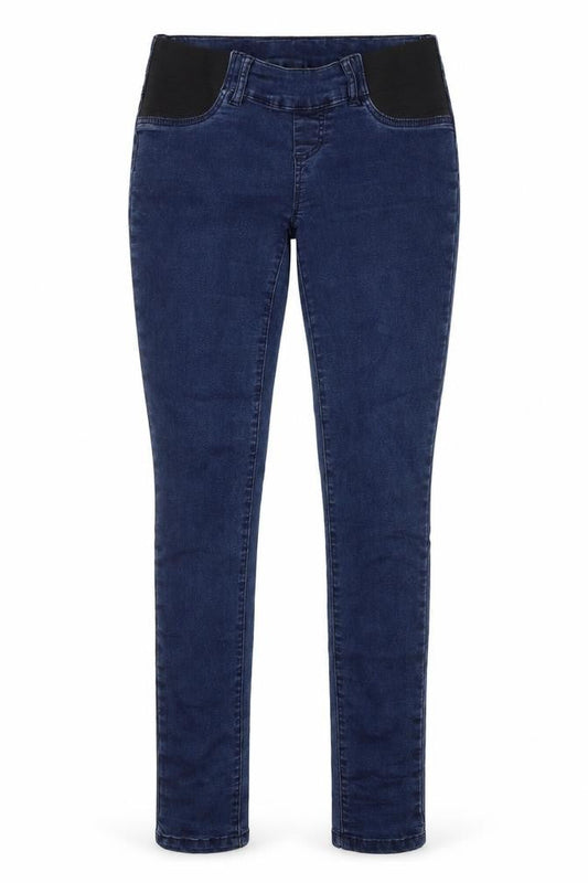 Front view of Mama-licious women’s blue cotton skinny jeans, size UK 29, in, 32-inch leg regular