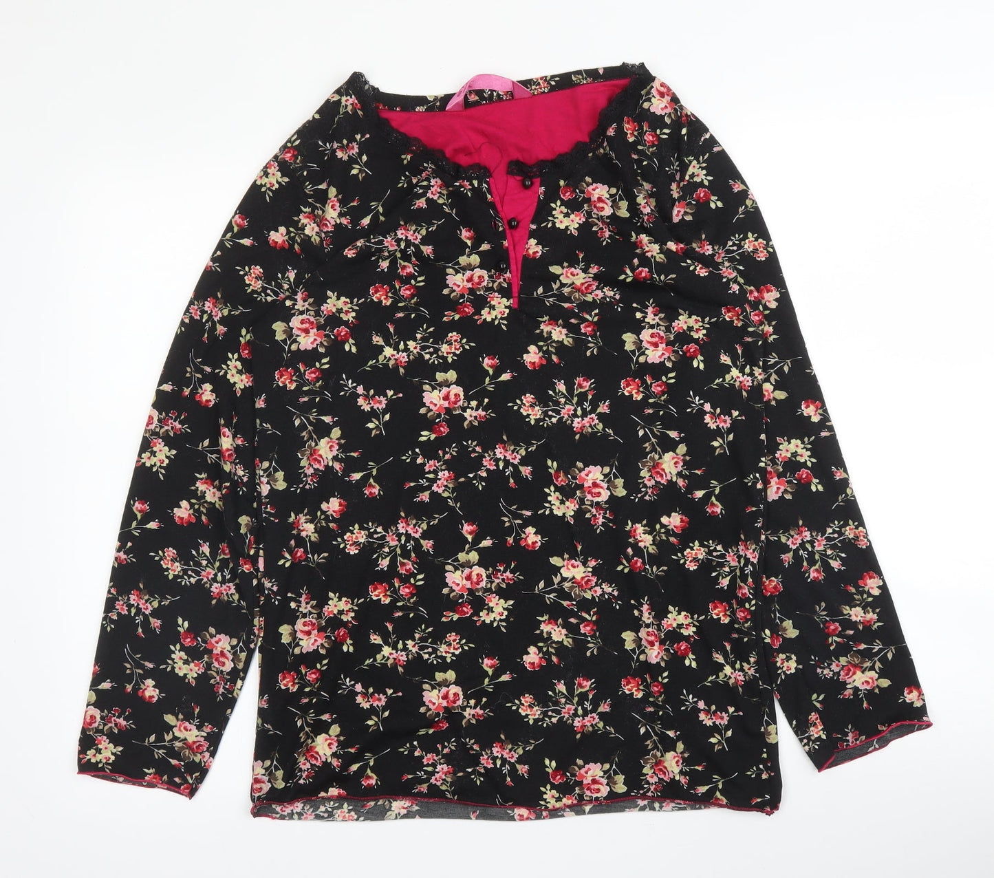 Stil Modo Womens Black Floral Cotton Basic T-Shirt Size L Round Neck