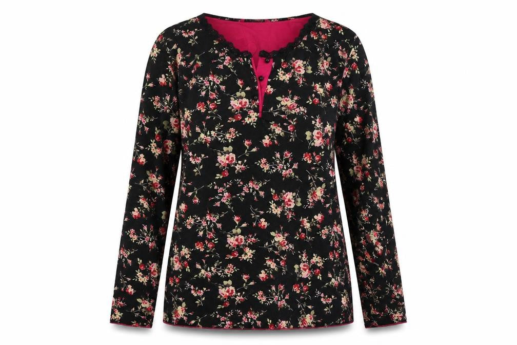 Front view of Stil Modo women’s black floral cotton basic t-shirt, size L, round neck