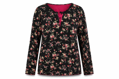 Front view of Stil Modo women’s black floral cotton basic t-shirt, size L, round neck