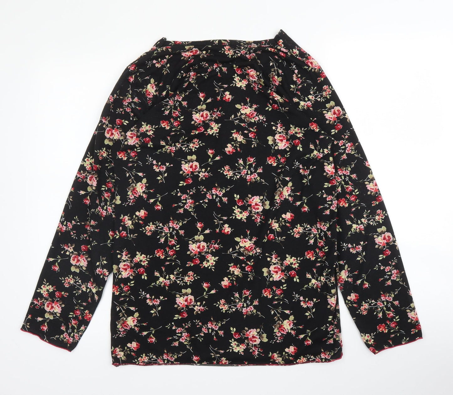 Stil Modo Womens Black Floral Cotton Basic T-Shirt Size L Round Neck