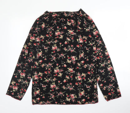 Stil Modo Womens Black Floral Cotton Basic T-Shirt Size L Round Neck