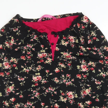 Stil Modo Womens Black Floral Cotton Basic T-Shirt Size L Round Neck