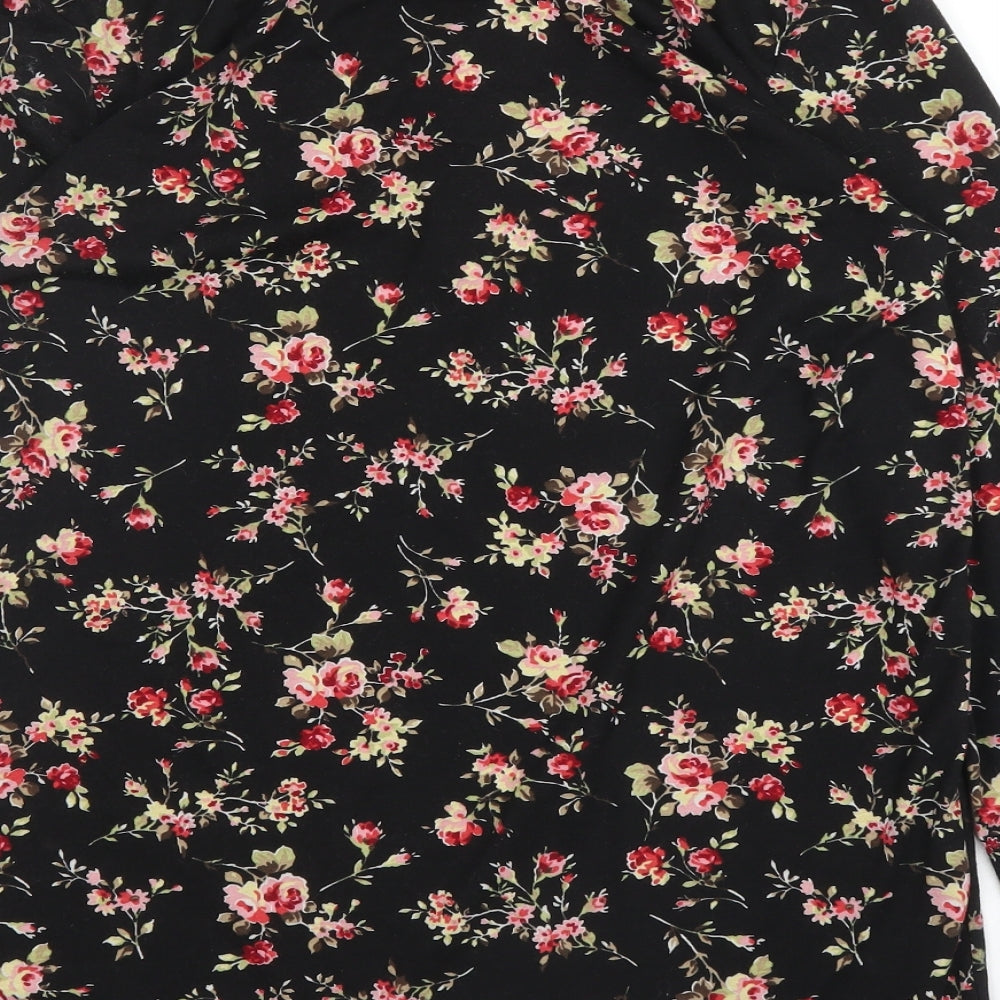 Stil Modo Womens Black Floral Cotton Basic T-Shirt Size L Round Neck