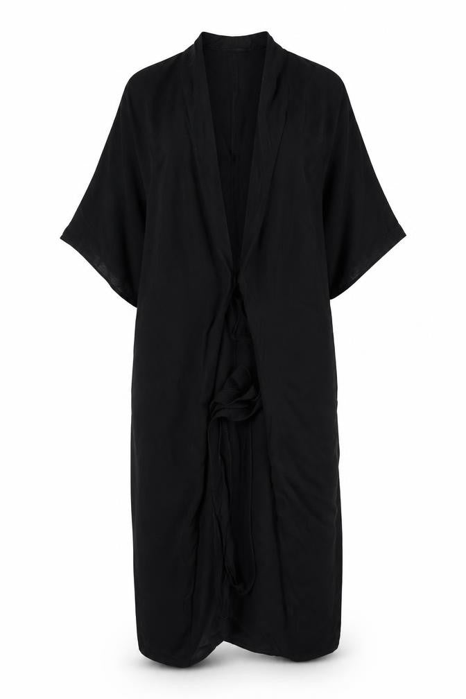 Front view of ASOS women’s black viscose shift, size UK 8, v-neck - tie front detail
