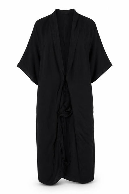 Front view of ASOS women’s black viscose shift, size UK 8, v-neck - tie front detail