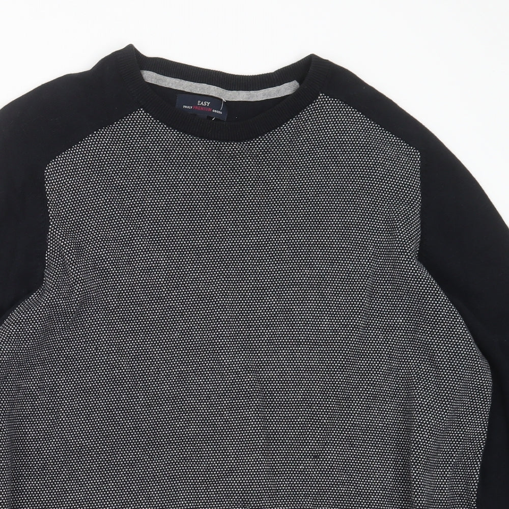 Easy Mens Blue Round Neck Geometric Cotton Pullover Jumper Size L