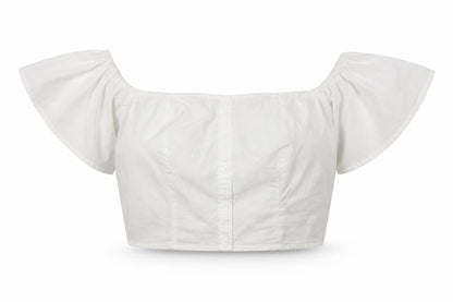 Front view of Missguided women’s white cotton cropped blouse, size UK 10, boat neck