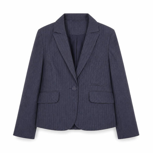Front view of Primark women’s blue striped cotton jacket blazer, size UK 14