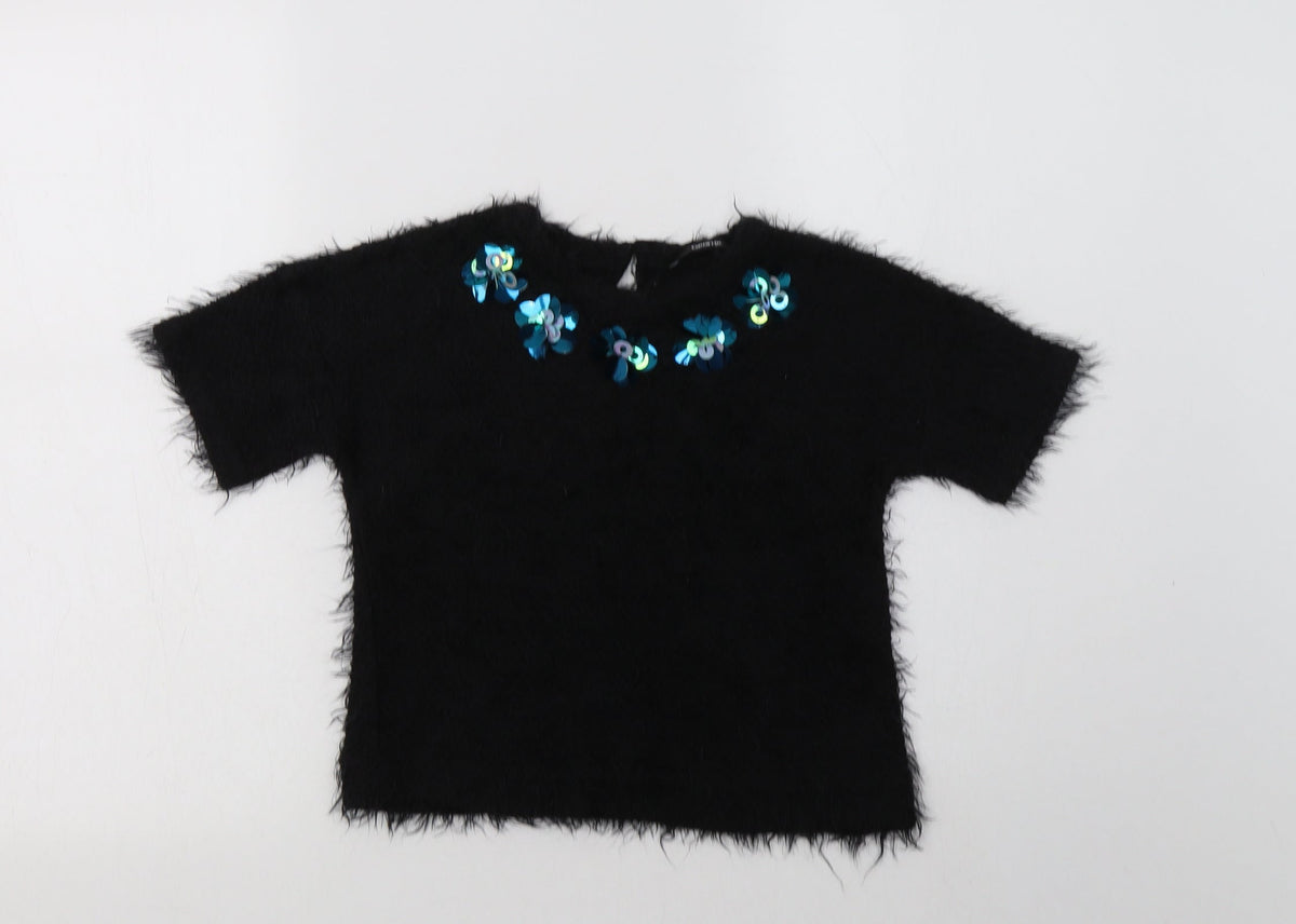 Additional front view of George girls’ black crew neck polyester jumper, size 6-7, years button