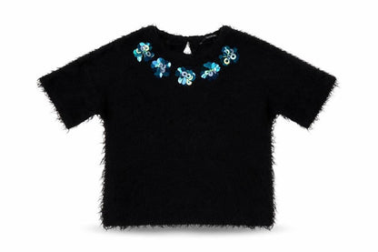 Front view of George girls’ black crew neck polyester jumper, size 6-7, years button