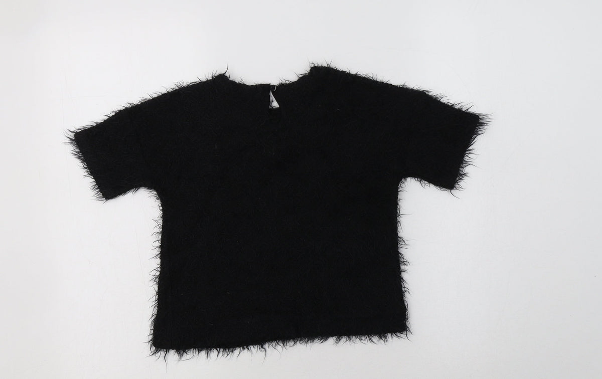 Back view of George girls’ black crew neck polyester jumper, size 6-7, years button