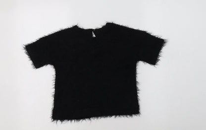 Back view of George girls’ black crew neck polyester jumper, size 6-7, years button