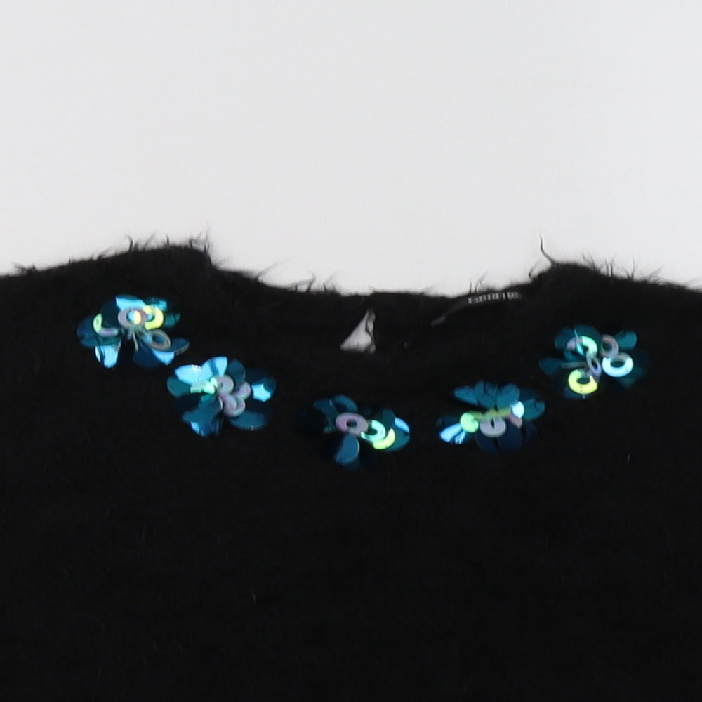 Close-up detail of George girls’ black crew neck polyester jumper, size 6-7, years button