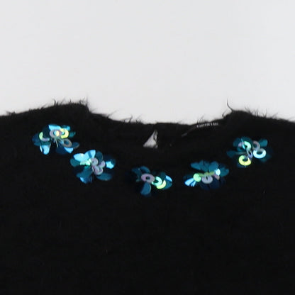 Close-up detail of George girls’ black crew neck polyester jumper, size 6-7, years button