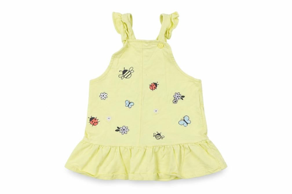 Front view of Nutmeg Baby Yellow Cotton Pinafore/Dungaree Dress, size 9-12, Months Square Neck Button