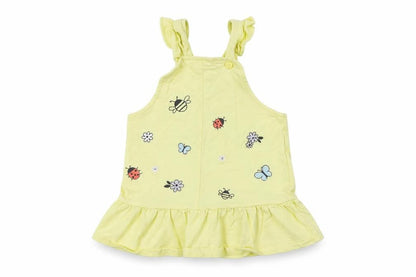 Front view of Nutmeg Baby Yellow Cotton Pinafore/Dungaree Dress, size 9-12, Months Square Neck Button