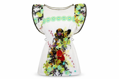 Front view of Jasmine women’s white floral polyester fit & flare, size S, boat neck