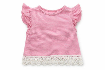 Front view of Primark Baby Pink Striped Cotton Basic Blouse, size 6-9, Months Crew Neck Snap