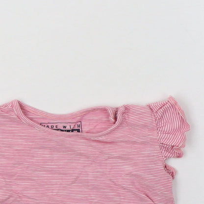 Primark Baby Pink Striped Cotton Basic Blouse Size 6-9 Months Crew Neck Snap