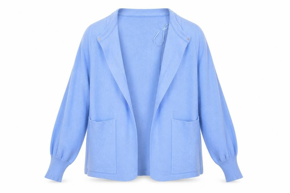 Front view of SAVIOR women’s blue round neck viscose cardigan jumper, size M