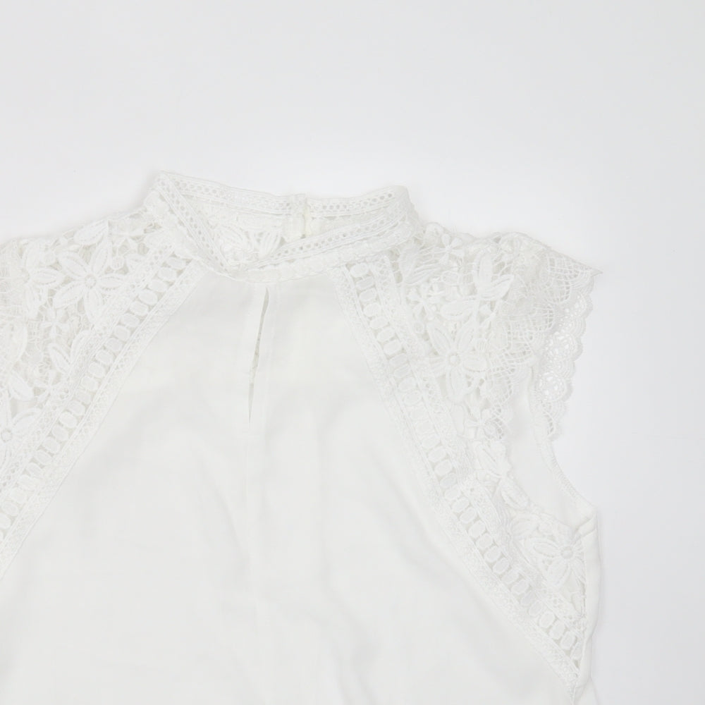 SheIn Womens White Floral Polyester Basic Blouse Size 10 Round Neck - crochet detail