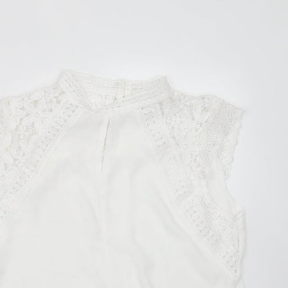 SheIn Womens White Floral Polyester Basic Blouse Size 10 Round Neck - crochet detail