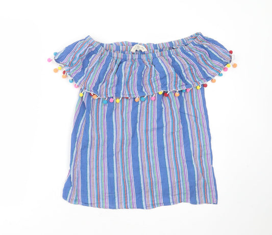 F&F Womens Blue Striped Cotton Basic Blouse Size 12 Off the Shoulder