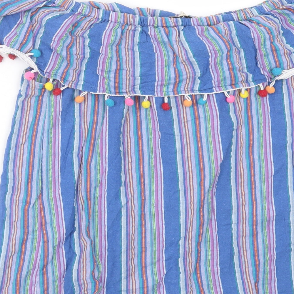 F&F Womens Blue Striped Cotton Basic Blouse Size 12 Off the Shoulder