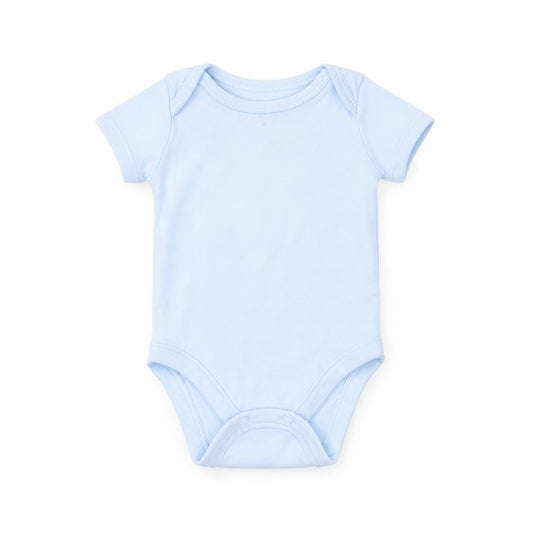 Front view of Nutmeg Baby Blue Cotton Babygrow One-Piece Size Newborn