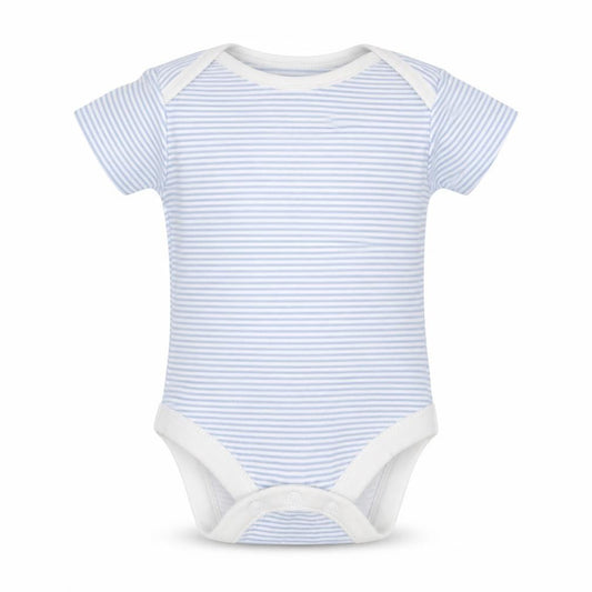 Front view of Nutmeg Baby Blue Striped Cotton Babygrow One-Piece Size Newborn