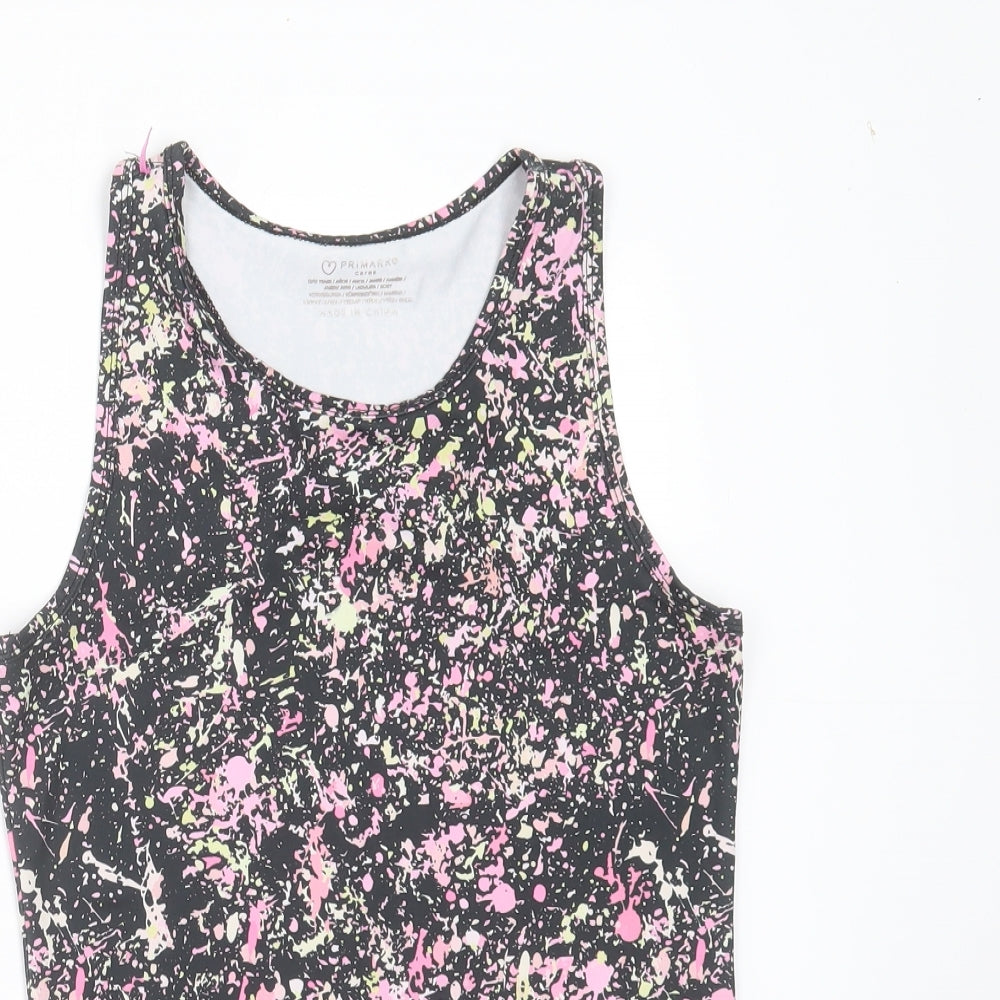 Close-up detail of Primark girls’ black polyester basic tank, size 12-13, years round neck - active wear