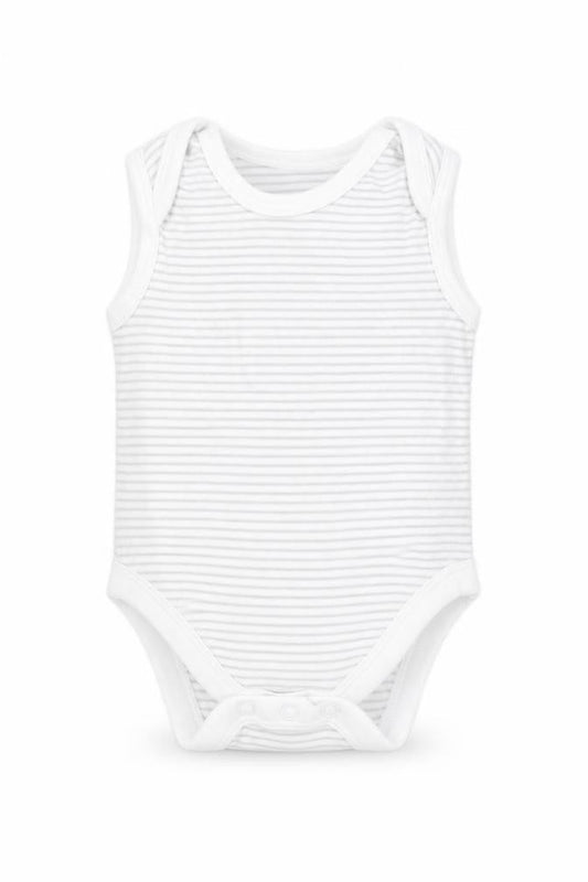 Front view of Tu Baby White Striped Cotton Babygrow One-Piece, size 0-3, Months