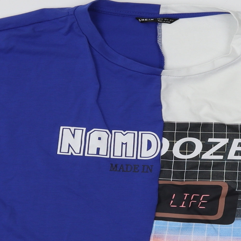 SheIn Womens Blue Geometric Cotton Basic T-Shirt Size XL Crew Neck - life