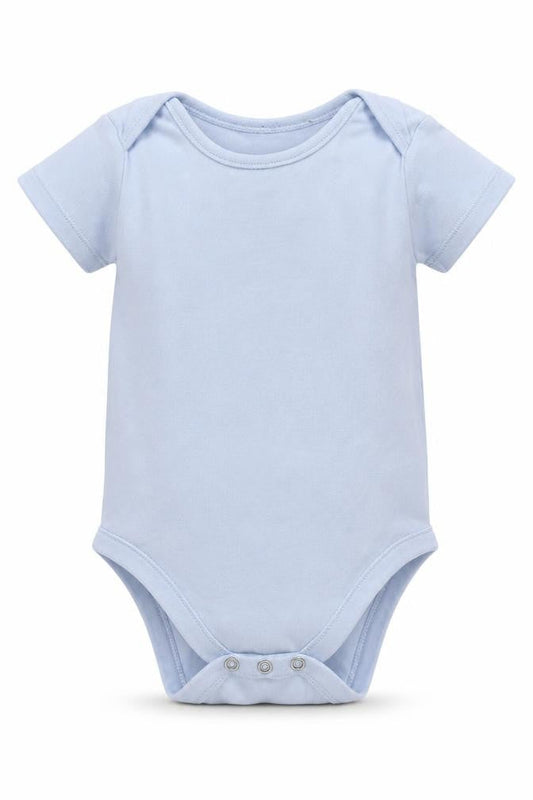 Front view of Nutmeg boys’ beige cotton babygrow one-piece, size 12-18, months buckle