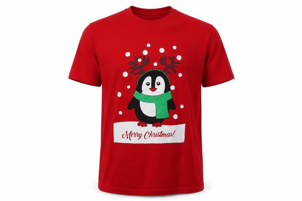 Front view of casual classics men’s red cotton t-shirt, size L, crew neck - christmas