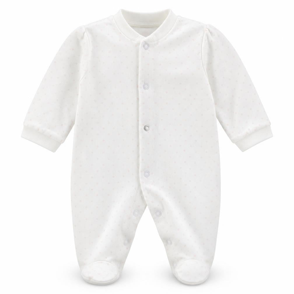 Front view of F&F girls’ white geometric cotton babygrow one-piece size newborn buckle
