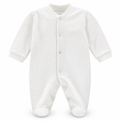 Front view of F&F girls’ white geometric cotton babygrow one-piece size newborn buckle