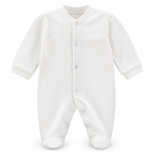 Front view of F&F girls’ white geometric cotton babygrow one-piece size newborn buckle