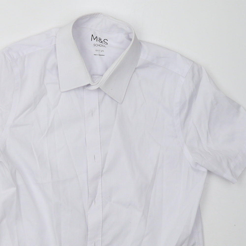 Close-up detail of Marks & Spencer boys’ white polyester basic button-up, size 10-11, years collared button - school wear