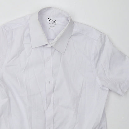 Close-up detail of Marks & Spencer boys’ white polyester basic button-up, size 10-11, years collared button - school wear