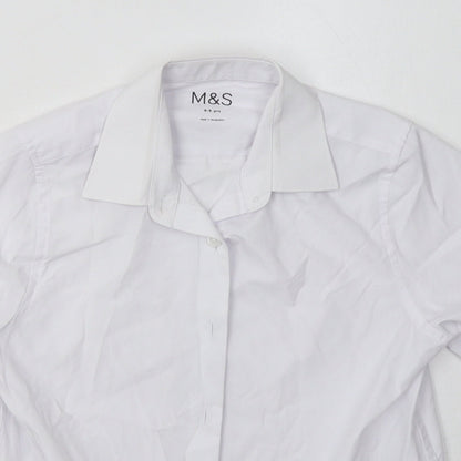 Close-up detail of Marks & Spencer boys’ white polyester basic button-up, size 8-9, years collared button - school wear