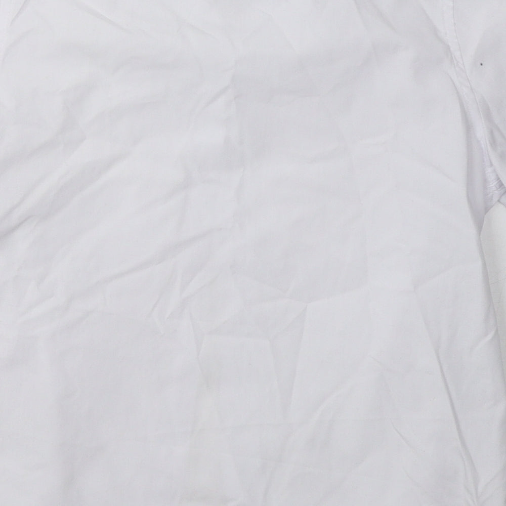 Brand and care label for Marks & Spencer boys’ white polyester basic button-up, size 8-9, years collared button - school wear