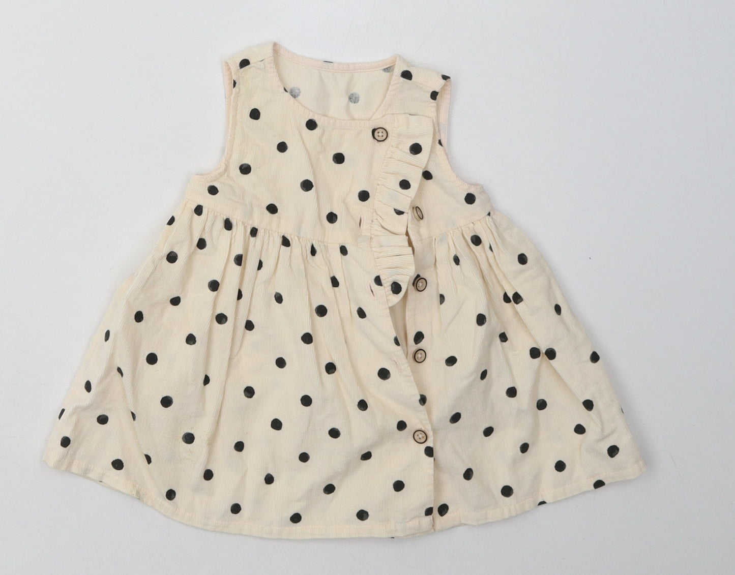 sainsburys Girls Beige Polka Dot Cotton A-Line  Size 3-6 Months  Crew Neck Button